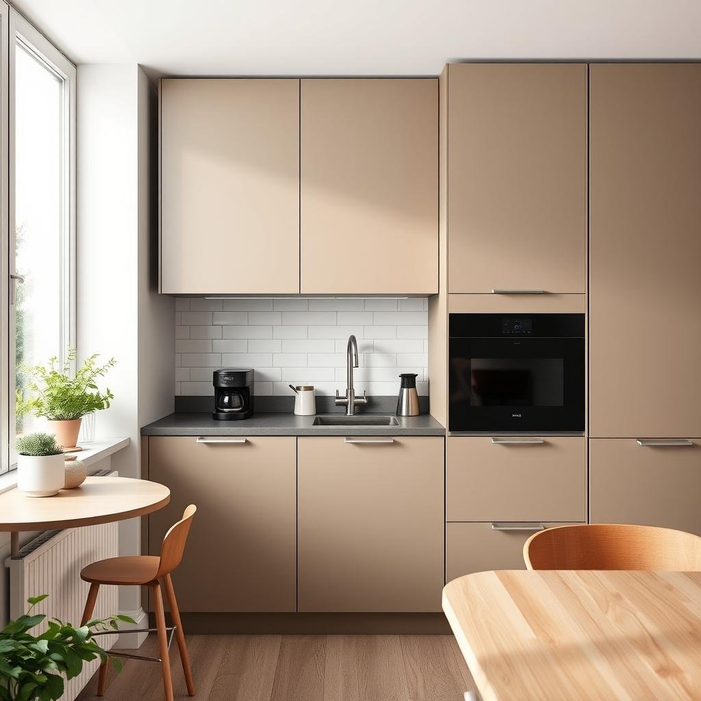 A modern, Scandinavian-inspired kitchen has a sleek, minimalist cabinet with a matte finish, a built-in coffee maker, and a small, cozy dining nook.
