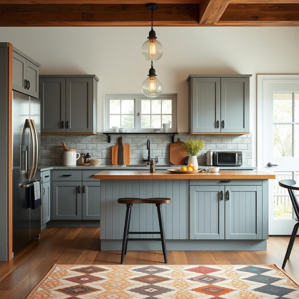 A modern farmhouse kitchen with a touch of industrial chic incorporates metal cabinets with a matte finish, industrial-style lighting, and a bold, graphic rug.