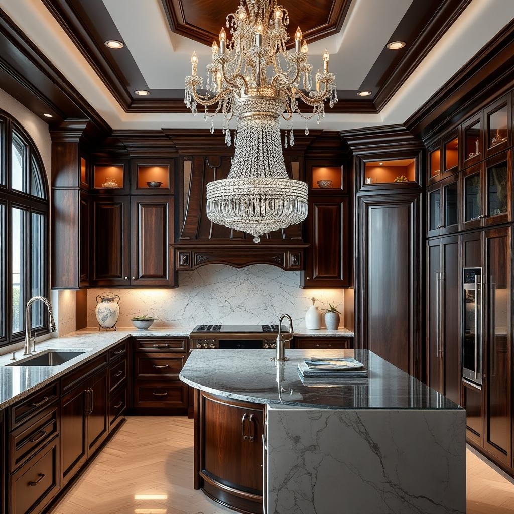 A sophisticated, luxurious kitchen with dark, polished wood cabinets, a sleek, glass-topped island, and a dramatic, crystal-encrusted chandelier, exuding opulence and refinement.