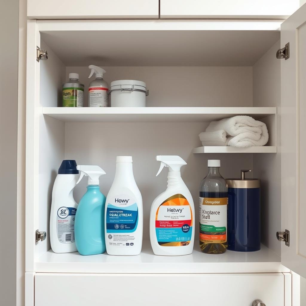 A minimalist white cabinet with hidden compartments reveals a collection of cleaning supplies, neatly organized and out of sight.