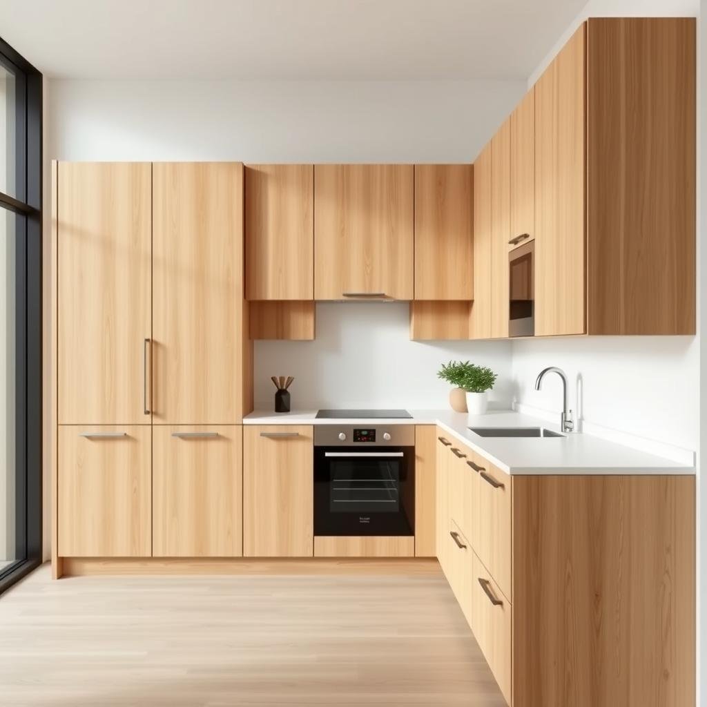 A modern minimalist hickory kitchen with sleek, handleless cabinets and integrated appliances.  The scene is clean and uncluttered, with a focus on functionality and simplicity.