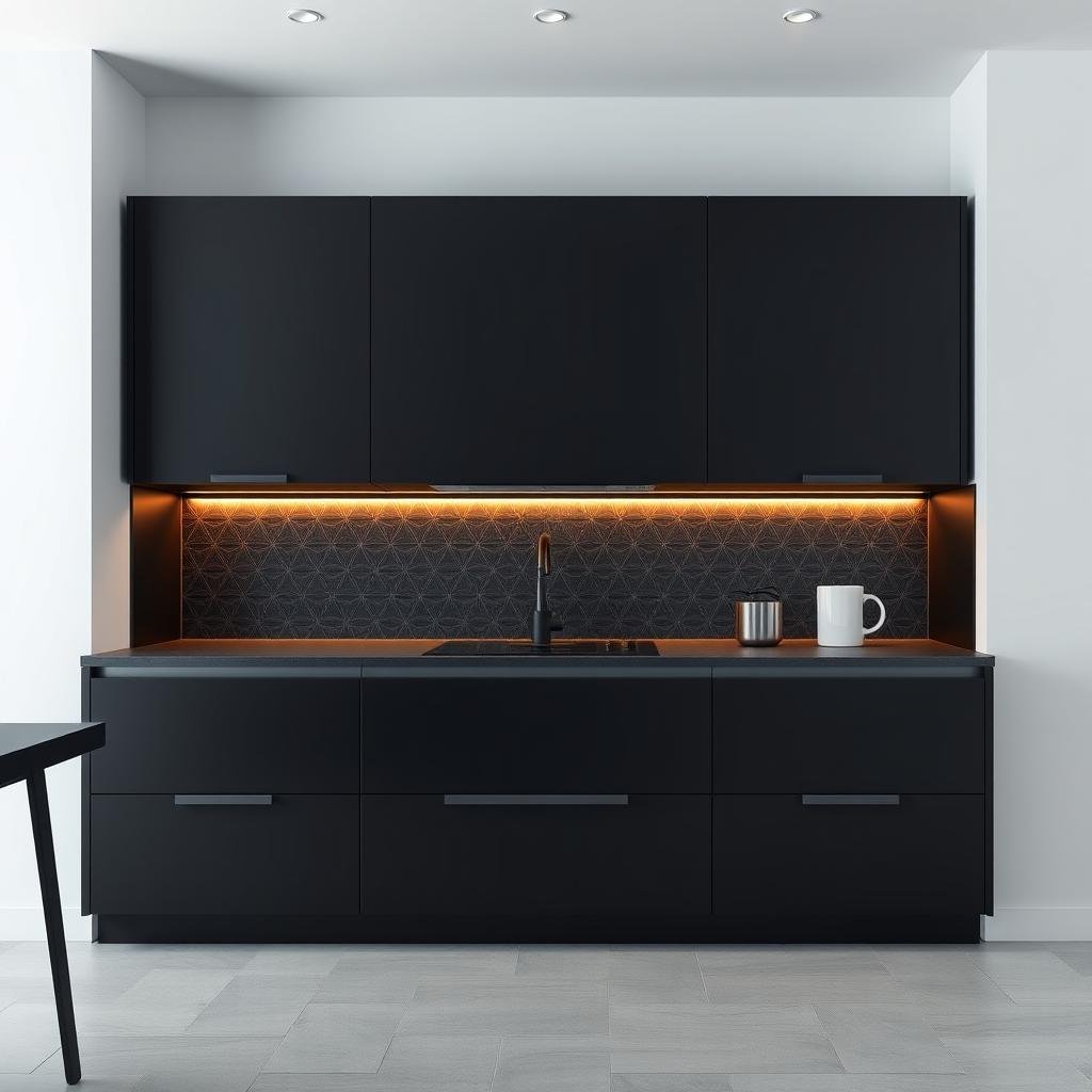 A modern, minimalist kitchen with clean-lined, matte-black cabinets, a geometric-patterned backsplash, and a subtle, LED-lit ambient glow, showcasing a sleek, high-tech aesthetic.