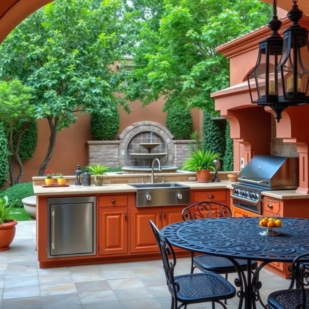 A traditional, Italian-inspired outdoor kitchen with warm, terracotta-colored cabinets and ornate, bronze hardware, set against the backdrop of a lush, green courtyard with a tranquil, water feature and a elegant, wrought-iron dining table.