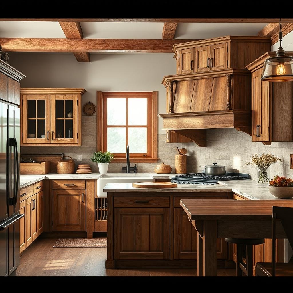 A rustic, country-style kitchen with a focus on natural materials features a collection of wooden cabinets with a distressed finish and rustic hardware.