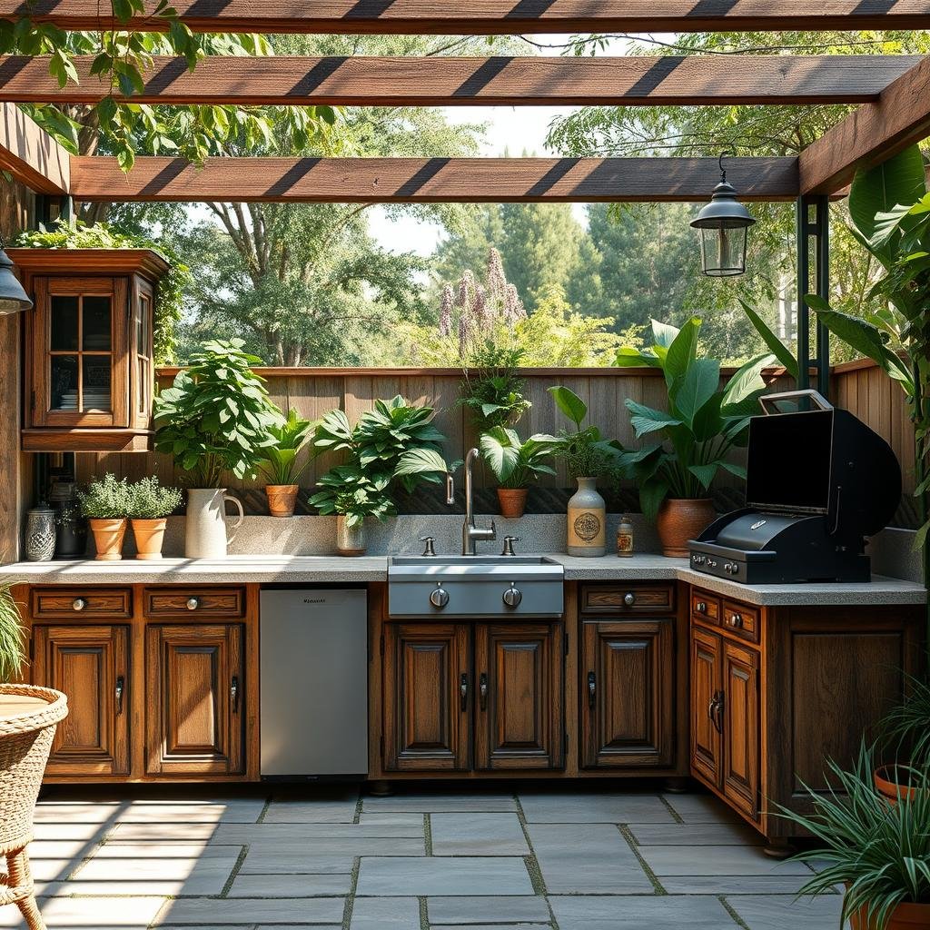 A vintage, 1920s-inspired outdoor kitchen with ornate, wooden cabinets and a distressed finish, surrounded by a lush, green oasis with industrial-chic accents and a built-in, charcoal grill.