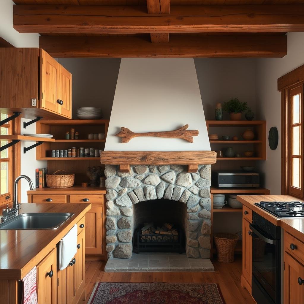 In a small, rustic kitchen, a wooden cabinet with a natural finish, a stone fireplace, and a wooden beam ceiling creates a cozy, inviting atmosphere.
