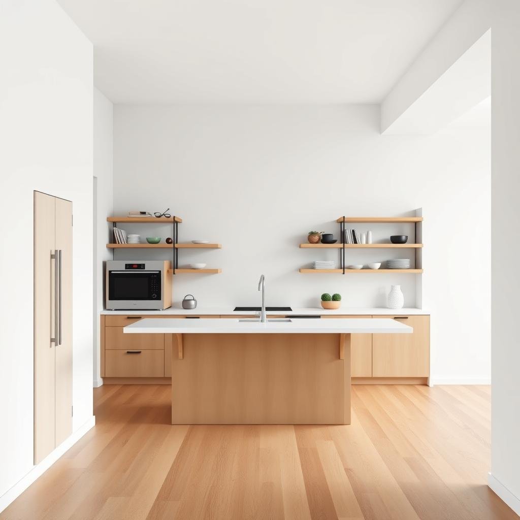 A modern, minimalist kitchen with matte, white walls, simple wood flooring, and a focus on negative space, featuring a large, open shelving system and a sleek, industrial aesthetic.